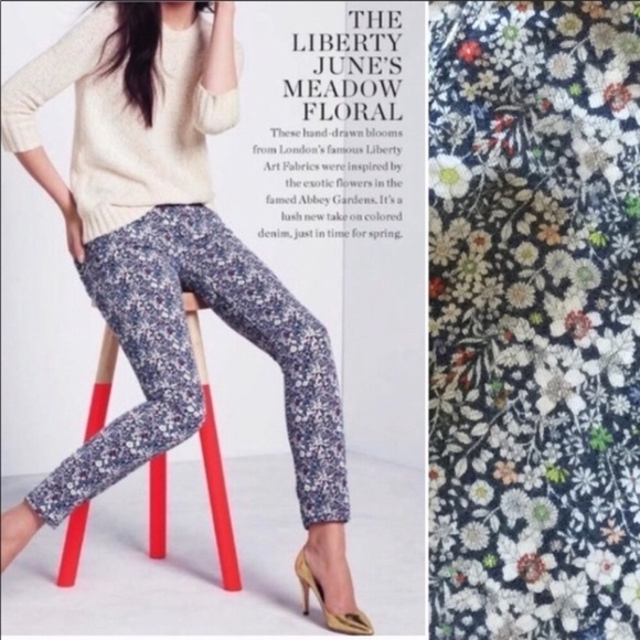 J.Crew Liberty June’s Meadow Blue Denim Ditzy Floral Art to Wear Toothpick Jeans - Picture 1 of 8